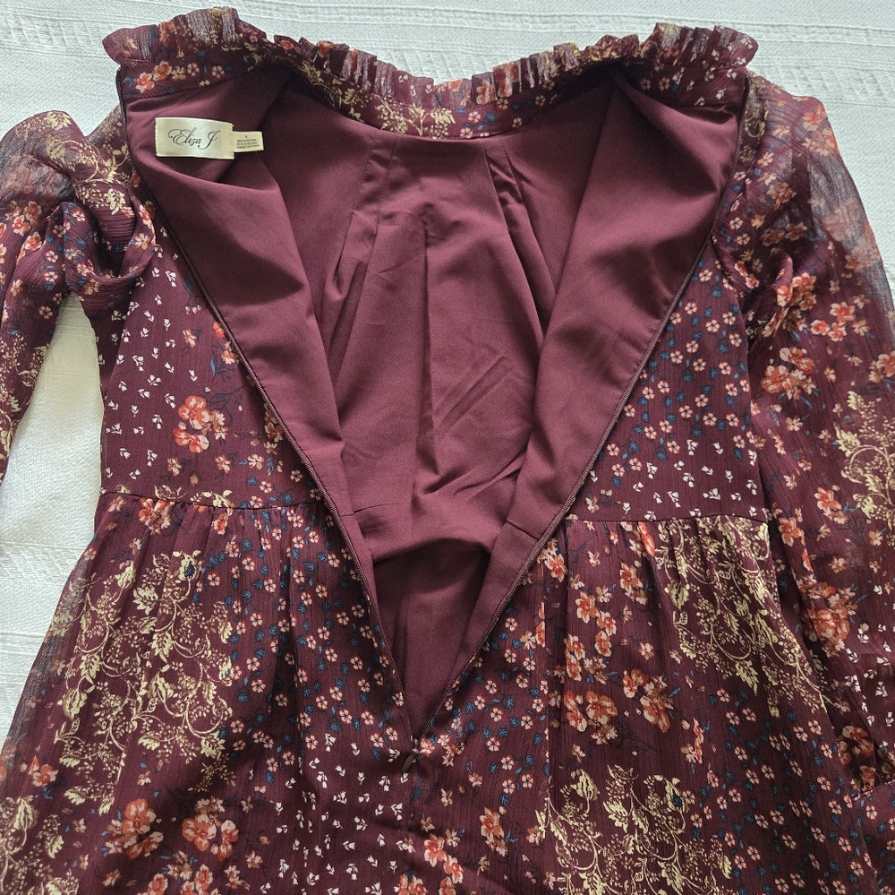 Eliza J Burgundy Long Sleeve Dress With Ruffled Collar - Picture 6 of 11